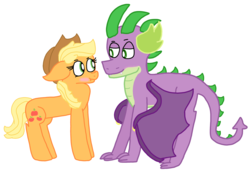 Size: 1996x1355 | Tagged: safe, artist:snoopy7c7, applejack, spike, dragon, pony, g4, bedroom eyes, blushing, female, floppy ears, looking at each other, male, older, older spike, quadrupedal spike, ship:applespike, shipping, simple background, story in the source, straight, tsunjack, white background, winged spike, wings
