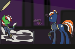Size: 2448x1584 | Tagged: safe, artist:saxguy_umizee, oc, oc:shadow window, oc:wandering sunrise, earth pony, pony, unicorn, fallout equestria, fallout equestria: dead tree, adult, bed, blue, bun hairstyle, colt 45, confrontation, dark, daughter, fallout, female, food, green, gun, gunpoint, handgun, hospital, hostage, lighting, m1911, magic, mare, mother, mother and daughter, orange, pipbuck, pistol, red, shadow window, shadows, sheet, stable, stable 43, stable-tec, story: fallout: equestria - dead tree, stripes, telekinesis, threatening, vault, wandering sunrise, wasteland, weapon, white, yellow