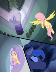 Size: 2209x2818 | Tagged: safe, artist:alltheworldbronyf, fluttershy, princess luna, pegasus, pony, g4, castle, comic, flying, high res, luna's room, sleeping, tree