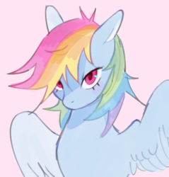 Size: 627x656 | Tagged: safe, artist:serafelis, rainbow dash, pegasus, pony, g4, bust, cute, dashabetes, female, mare, pink background, portrait, simple background, solo, spread wings, wings