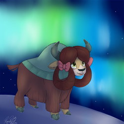 Size: 966x966 | Tagged: safe, artist:mapleicious, yona, yak, g4, aurora borealis, bow, cloven hooves, cute, female, hair bow, monkey swings, night, sky, snow, solo, stars, yonadorable