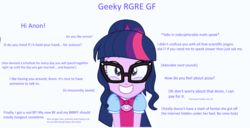 Size: 2000x1024 | Tagged: safe, edit, sci-twi, twilight sparkle, equestria girls, g4, adorkable, blatant lies, cute, dork, hi anon, ideal gf, meme, reversed gender roles equestria, smiling, text, twiabetes