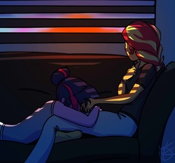 Size: 1061x990 | Tagged: safe, artist:overkenzie, sci-twi, sunset shimmer, twilight sparkle, equestria girls, g4, barefoot, clothes, couch, cute, feet, female, lesbian, pajamas, ship:sci-twishimmer, ship:sunsetsparkle, shipping, sleeping, sunset, window