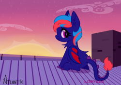 Size: 2651x1868 | Tagged: safe, artist:losyara, oc, oc only, oc:centreus feathers, dracony, hybrid, pony, chimney, cloud, commission, cute, female, mare, rooftop, sitting, solo, sunset, ych result