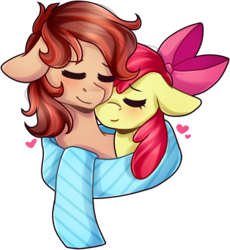 Size: 1580x1721 | Tagged: safe, artist:grapegrass, apple bloom, oc, oc:cottonwood kindle, earth pony, pony, g4, canon x oc, clothes, commission, eyes closed, female, heart, male, mare, scarf, shared clothing, shared scarf, simple background, snuggling, stallion, transparent background, ych result