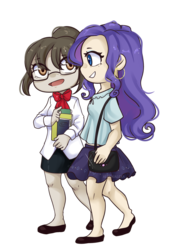 Size: 1280x1811 | Tagged: safe, artist:alexa1alexa, rarity, raven, human, g4, beautiful, book, boutique, bowtie, chibi, clothes, commission, cute, duo, fashion, female, full body, giant head, glasses, hair bun, humanized, legs, office, pantyhose, purse, shoes, simple background, skirt, talking, transparent background
