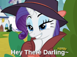 Size: 608x451 | Tagged: safe, edit, edited screencap, editor:twilyisbestpone, screencap, rarity, pony, unicorn, g4, season 9, sparkle's seven, animated, bedroom eyes, bow, bronybait, caption, clothes, cropped, cute, darling, detective rarity, discovery family logo, eyebrow wiggle, fedora, female, gif, hat, hoof under chin, lidded eyes, mare, mischievous, raribetes, reaction image, sexy, smiling, solo, text, trenchcoat