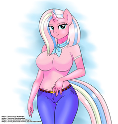 Size: 949x1000 | Tagged: safe, artist:chuyryu, clear sky, unicorn, anthro, common ground, g4, bedroom eyes, breasts, busty clear sky, clothes, female, handkerchief, looking at you, milf, solo