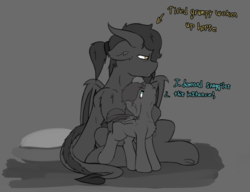 Size: 1509x1157 | Tagged: safe, artist:scarrly, oc, oc:scarrly, oc:whiskey dreams, bat pony, incubus, pony, succubus, bed, dialogue, duo, female, monochrome, size difference
