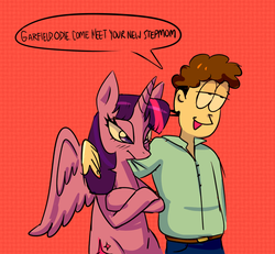Size: 992x917 | Tagged: safe, artist:periodbloodlasagna, twilight sparkle, alicorn, human, pony, g4, :t, bipedal, crack shipping, crossed hooves, cursed image, female, frown, garfield, glare, hug, jon arbuckle, lidded eyes, male, mare, open mouth, shipping, smiling, smirk, speech bubble, spread wings, straight, twilight sparkle (alicorn), wings