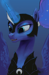 Size: 766x1160 | Tagged: dead source, safe, artist:xxkrutoy, princess luna, pony, g4, armor, blue background, bust, fangs, female, glowing horn, helmet, horn, horn guard (armor), ponytail, portrait, simple background, solo, spread wings, warrior luna, wings