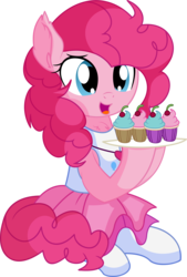 Size: 5480x8124 | Tagged: safe, artist:cyanlightning, pinkie pie, earth pony, pony, unicorn, .svg available, absurd resolution, chest fluff, clothes, cupcake, cute, diapinkes, dress, ear fluff, eating, equestria girls outfit, female, food, mare, open mouth, pantyhose, simple background, sitting, skirt, solo, transparent background, vector