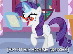 Size: 449x335 | Tagged: safe, edit, edited screencap, screencap, rarity, pony, unicorn, canterlot boutique, animated, caption, cute, descriptive noise, excited, female, gif, gif with captions, glasses, glasses rarity, glowing horn, happy, hnnng, horse noises, horses doing horse things, levitation, magic, mare, paper, prancing, rarara, raribetes, rarity's glasses, silly, silly pony, smiling, solo, telekinesis, trotting, trotting in place, wahaha