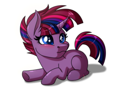Size: 3400x2600 | Tagged: safe, artist:jack-pie, oc, oc only, oc:stellar rain, pony, unicorn, baby, baby pony, blushing, female, filly, foal, high res, magical lesbian spawn, offspring, parent:tempest shadow, parent:twilight sparkle, parents:tempestlight, prone, translated in the comments