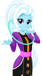 Size: 800x1418 | Tagged: safe, artist:rosemile mulberry, trixie, equestria girls, g4, clothes, cosplay, costume, dragon ball, dragon ball super, female, kissy face, simple background, solo, white background