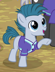 Size: 543x707 | Tagged: safe, screencap, little league, earth pony, pony, common ground, g4, clothes, colt, cropped, male, offscreen character, smiling
