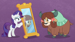Size: 1920x1080 | Tagged: safe, screencap, rarity, yona, earth pony, pony, unicorn, yak, g4, she's all yak, bipedal, bow, cloven hooves, duo, female, fit right in, hair bow, mare, mirror, ponified, pony yona, purple background, raised hoof, simple background, species swap