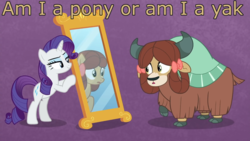Size: 1920x1080 | Tagged: safe, edit, edited screencap, screencap, rarity, yona, earth pony, pony, unicorn, yak, g4, she's all yak, bipedal, bow, caption, cloven hooves, duo, existential crisis, female, fit right in, hair bow, image macro, man or muppet, mare, mirror, ponified, pony yona, purple background, raised hoof, simple background, species swap, text, the muppets