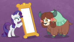 Size: 1920x1080 | Tagged: safe, edit, edited screencap, screencap, rarity, yona, earth pony, pony, unicorn, yak, g4, she's all yak, bipedal, bow, cloven hooves, duo, exploitable, female, fit right in, hair bow, mare, mirror, purple background, raised hoof, simple background, template