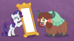 Size: 1920x1080 | Tagged: safe, edit, edited screencap, screencap, rarity, yona, earth pony, pony, unicorn, yak, g4, she's all yak, bipedal, bow, cloven hooves, duo, exploitable, female, fit right in, hair bow, mare, mirror, purple background, simple background, template