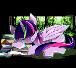 Size: 1600x1447 | Tagged: safe, artist:tyuubatu, twilight sparkle, alicorn, pony, g4, book, cute, eyes closed, female, mare, nap, solo, that pony sure does love books, twiabetes, twilight sparkle (alicorn)
