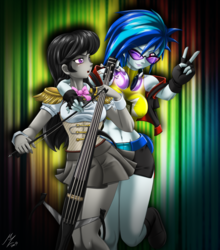 Size: 2085x2367 | Tagged: safe, artist:mauroz, dj pon-3, octavia melody, vinyl scratch, equestria girls, g4, bow (instrument), breasts, busty vinyl scratch, cello, clothes, curtains, electric cello, female, fingerless gloves, gloves, headphones, high res, lesbian, miniskirt, musical instrument, peace sign, pleated skirt, ship:scratchtavia, shipping, shoes, skirt, socks, spotlight, sunglasses, thigh highs