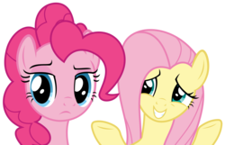Size: 4297x2769 | Tagged: safe, artist:sketchmcreations, fluttershy, pinkie pie, pony, common ground, g4, duo, female, mare, pinkie pie is not amused, raised eyebrow, shrug, simple background, smiling, transparent background, unamused, vector