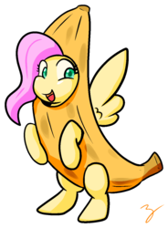 Size: 892x1210 | Tagged: safe, artist:zutcha, fluttershy, pony, g4, banana, banana costume, banana suit, bananashy, bipedal, clothes, costume, cute, female, food, food costume, shyabetes, signature, simple background, solo, transparent background
