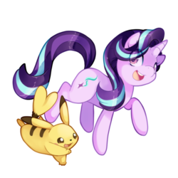 Size: 1200x1200 | Tagged: safe, artist:loyaldis, starlight glimmer, pikachu, pony, unicorn, g4, female, looking at you, mare, open mouth, pokémon, simple background, transparent background