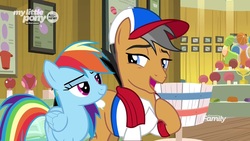 Size: 1280x720 | Tagged: safe, screencap, quibble pants, rainbow dash, earth pony, pegasus, pony, common ground, g4, ball, baseball cap, buckball museum, cap, clothes, duo, female, hat, hoof on chest, lidded eyes, male, mare, scarf, shirt, stallion, trophy