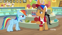 Size: 1280x720 | Tagged: safe, screencap, quibble pants, rainbow dash, earth pony, pegasus, pony, common ground, g4, ball, baseball cap, buckball museum, cap, clothes, duo, female, hat, hoof hold, male, mare, scarf, shirt, stallion