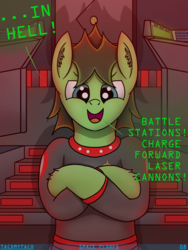 Size: 3024x4032 | Tagged: safe, artist:tacomytaco, oc, oc only, oc:captain conray, earth pony, pony, comic:space floofs, bipedal, bridge, clothes, comic, comic page, crossed arms, male, pants, shirt, solo, text, uniform