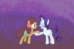 Size: 720x480 | Tagged: safe, edit, screencap, rarity, yona, earth pony, pony, unicorn, yak, g4, she's all yak, animated, bipedal, bow, cloven hooves, duo, female, fit right in, gif, hair bow, mare, mirror, ponified, pony yona, purple background, reversed, simple background, species swap