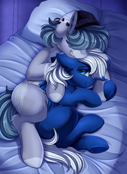 Size: 2550x3509 | Tagged: safe, artist:pridark, oc, oc only, earth pony, pegasus, pony, beanie, bed, commission, ear piercing, hair over one eye, hat, high res, hug, piercing, pillow, underhoof