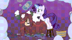 Size: 480x270 | Tagged: safe, screencap, rarity, yona, pony, unicorn, yak, g4, she's all yak, animated, bath, bipedal, bow, butt, cloven hooves, duo, female, fit right in, hair bow, magic, magic aura, mare, out of context, plot, purple background, shampoo, simple background, telekinesis, washing