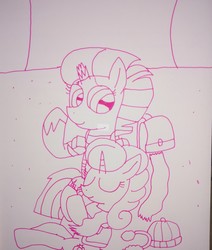 Size: 2992x3526 | Tagged: safe, artist:徐詩珮, idw, fizzlepop berrytwist, glitter drops, tempest shadow, pony, unicorn, g4, my little pony: the movie, spoiler:comic, spoiler:comic67, spoiler:comic68, armor, broken horn, clothes, earmuffs, female, hat, high res, horn, lesbian, lineart, mare, saddle bag, scarf, ship:glittershadow, shipping, sleeping, snow, tempest's tale, traditional art, tree