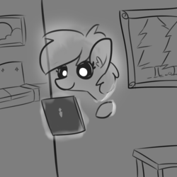Size: 1650x1650 | Tagged: safe, artist:tjpones, oc, oc only, ghost, pony, couch, ear fluff, female, grayscale, magic, mare, monochrome, picture frame, solo, tablet, telekinesis
