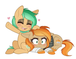 Size: 2000x1560 | Tagged: safe, artist:higglytownhero, oc, oc only, oc:minty pop, oc:parlay, earth pony, pony, blushing, choker, clothes, duo, female, freckles, heart, jewelry, lesbian, mare, necklace, oc x oc, parpop, shipping, shirt, simple background, transparent background, unshorn fetlocks, vest, ych result