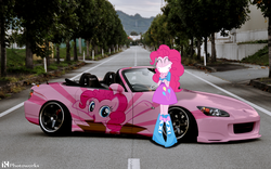 Size: 1602x1002 | Tagged: safe, artist:iqbalherindra, pinkie pie, earth pony, pony, equestria girls, g4, 2 fast 2 furious, car, female, gloves, honda, honda s2000, itasha, mare, motorcross, photo, photoshop, shoes, smiling, solo, squee