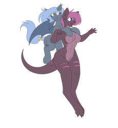 Size: 3200x3476 | Tagged: safe, artist:codras, oc, oc:panne, oc:roux, bat pony, kangaroo, anthro, barbie doll anatomy, breasts, chest fluff, cleavage fluff, featureless breasts, featureless crotch, female, furry, furry oc, high res, hopping, jumping, pubic fluff, simple background, transparent background, wavy mouth