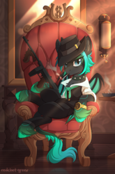 Size: 1700x2569 | Tagged: safe, artist:redchetgreen, oc, oc only, bat pony, pony, cigarette, clothes, cloven hooves, gun, leonine tail, solo, tommy gun, weapon