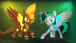 Size: 3840x2160 | Tagged: safe, artist:phoenixtm, oc, oc:archie cloud, oc:delta firedash, alicorn, dracony, hybrid, pony, robot, robot pony, 3d, alicorn oc, epic pose, grin, high res, looking at you, shiny, smiling, source filmmaker, spread wings, wings