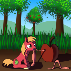 Size: 2048x2048 | Tagged: safe, artist:platinumdrop, big macintosh, earth pony, earthworm, pony, worm, g4, apple, food, high res, male, micro, mouth hold, pulling, request, solo, stallion