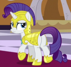 Size: 262x247 | Tagged: safe, screencap, rarity, pony, unicorn, g4, sparkle's seven, armorarity, butt, carpet, cropped, female, looking at you, looking back, looking back at you, mare, needs more jpeg, plot, royal guard armor, royal guard rarity, solo