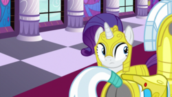 Size: 1920x1080 | Tagged: safe, screencap, rarity, pony, unicorn, g4, sparkle's seven, armorarity, butt, female, looking at something, male, mare, plot, royal guard, royal guard armor, royal guard rarity, stallion, unicorn royal guard, window