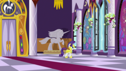 Size: 1920x1080 | Tagged: safe, screencap, rarity, pony, unicorn, g4, sparkle's seven, armorarity, carpet, female, glowing horn, horn, looking at something, magic, mare, royal guard armor, royal guard rarity, solo, telekinesis, window