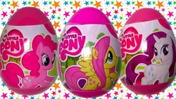 Size: 1280x720 | Tagged: safe, fluttershy, pinkie pie, rarity, pony, g4, female, irl, logo, my little pony, my little pony logo, photo, rainbow star, stars, surprise egg, toy
