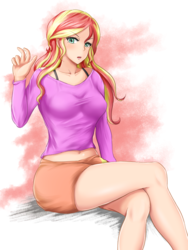 Size: 768x1024 | Tagged: safe, artist:タツオ, sunset shimmer, equestria girls, g4, belly button, bra strap, broken finger, clothes, crossed legs, female, human coloration, legs, looking at you, midriff, short shirt, skirt, solo, thighs
