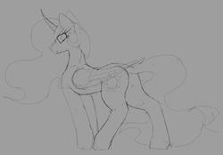 Size: 2313x1608 | Tagged: safe, artist:codras, princess celestia, alicorn, pony, g4, butt, female, gray background, looking back, mare, monochrome, plot, simple background, sketch, solo