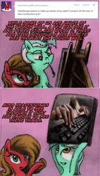 Size: 912x1602 | Tagged: safe, artist:hewison, lyra heartstrings, rainbow dash, oc, oc:pun, pony, ask pun, g4, ask, hand, implied fourth wall break, keyboard, painting, that pony sure does love hands